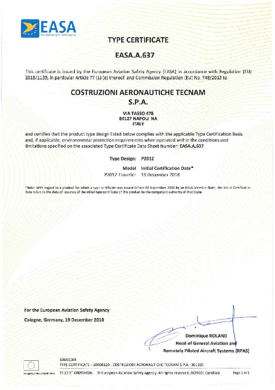 TECNAM P2012 Type Certificate